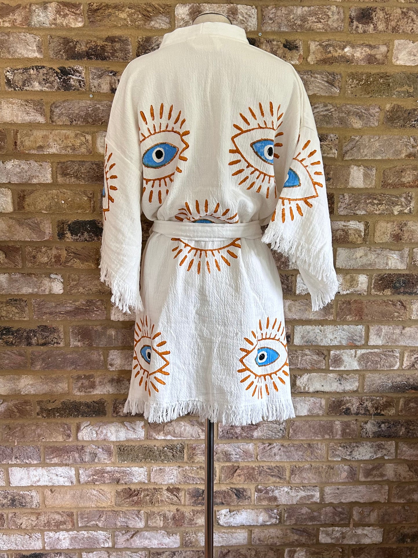 Organic Kimono in White with Orange & Blue Eye: Short