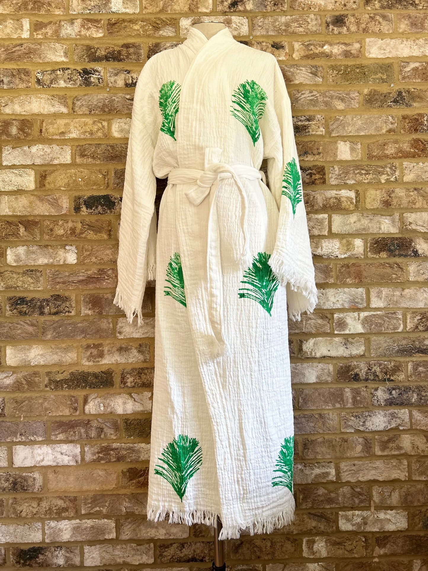 White with Green Feather Kimono Robe: Full Length - Discontinued