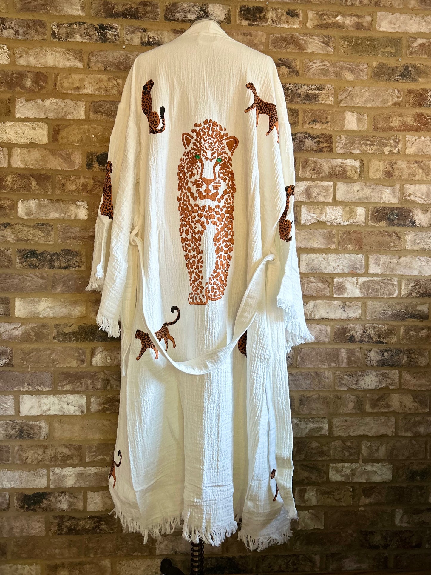 White with Cheetah Kimono Robe: Full length