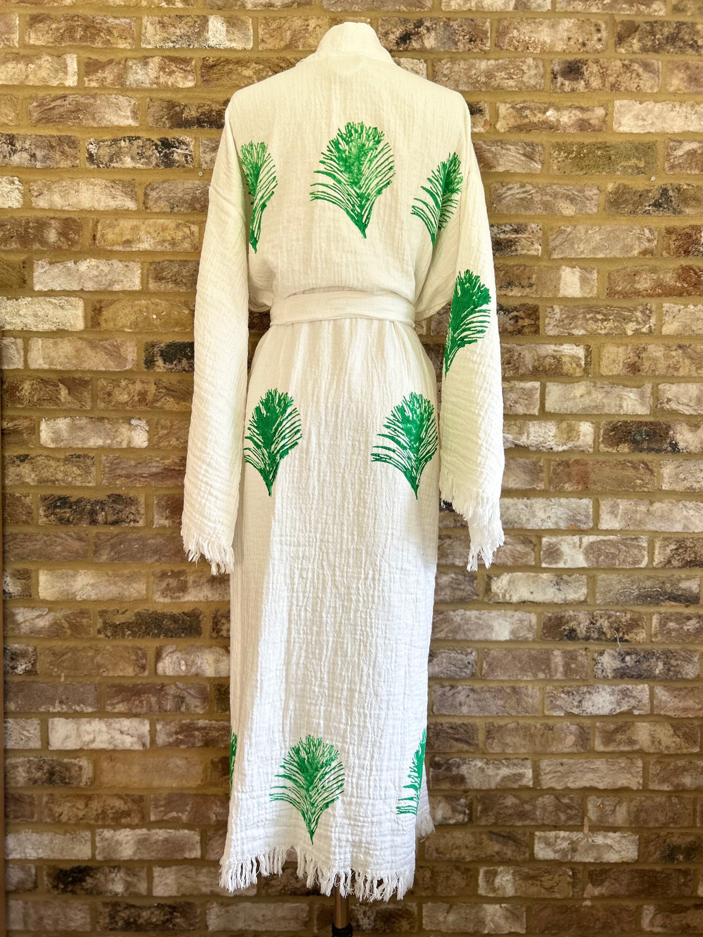 White with Green Feather Kimono Robe: Full Length - Discontinued