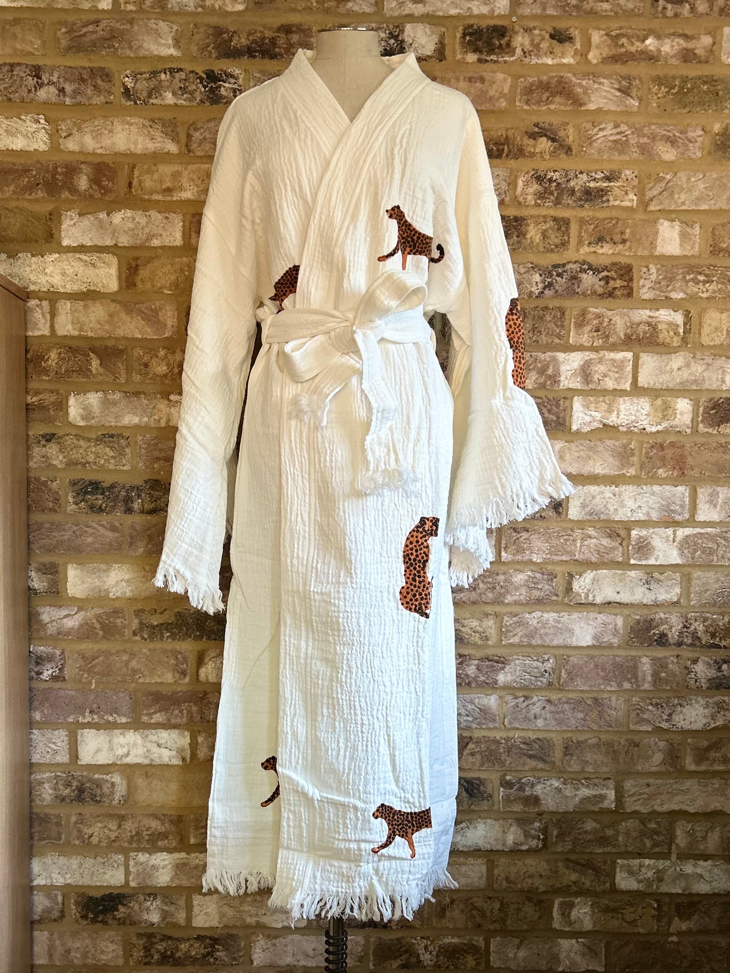 White with Cheetah Kimono Robe: Full length