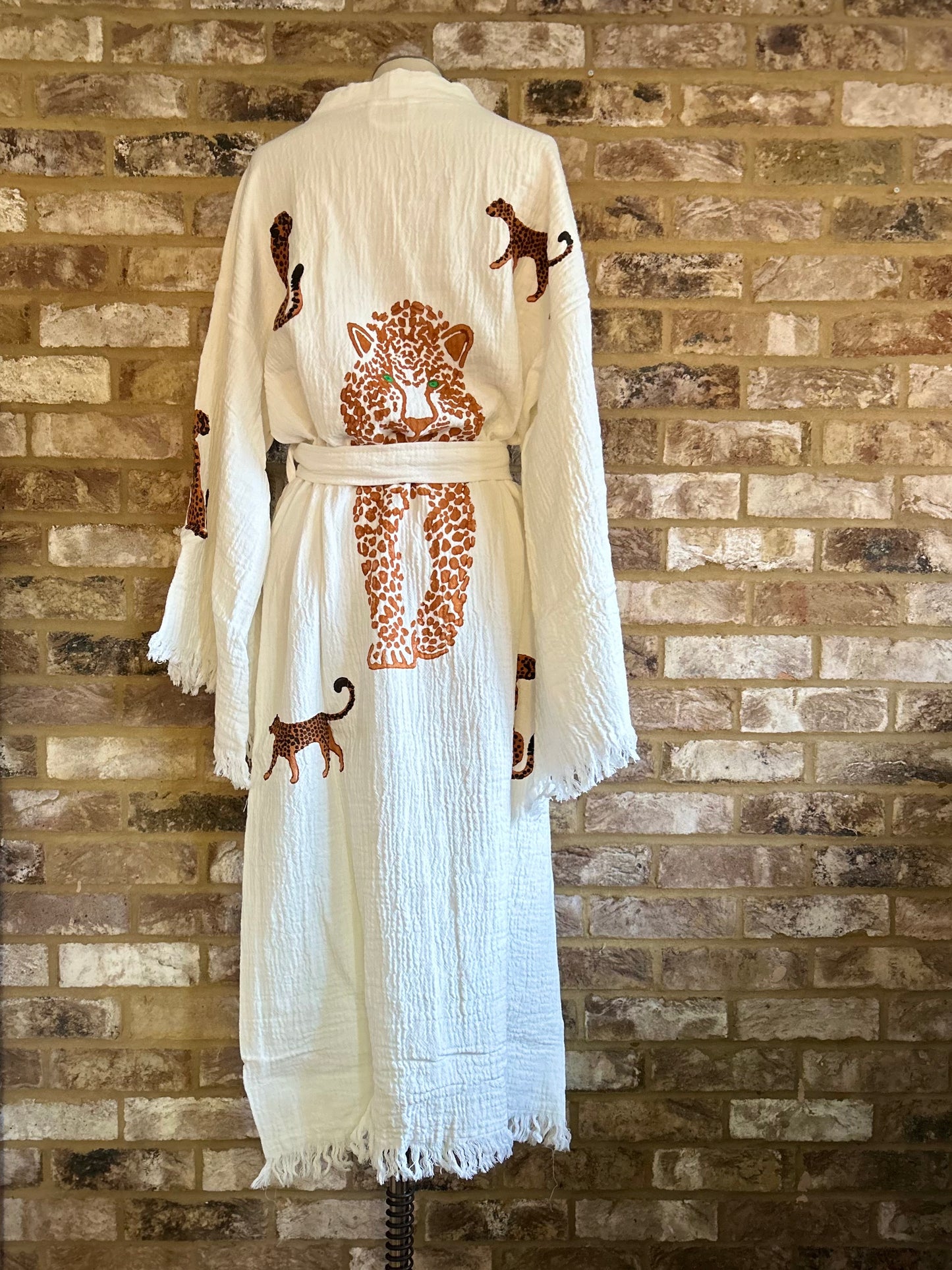 White with Cheetah Kimono Robe: Full length