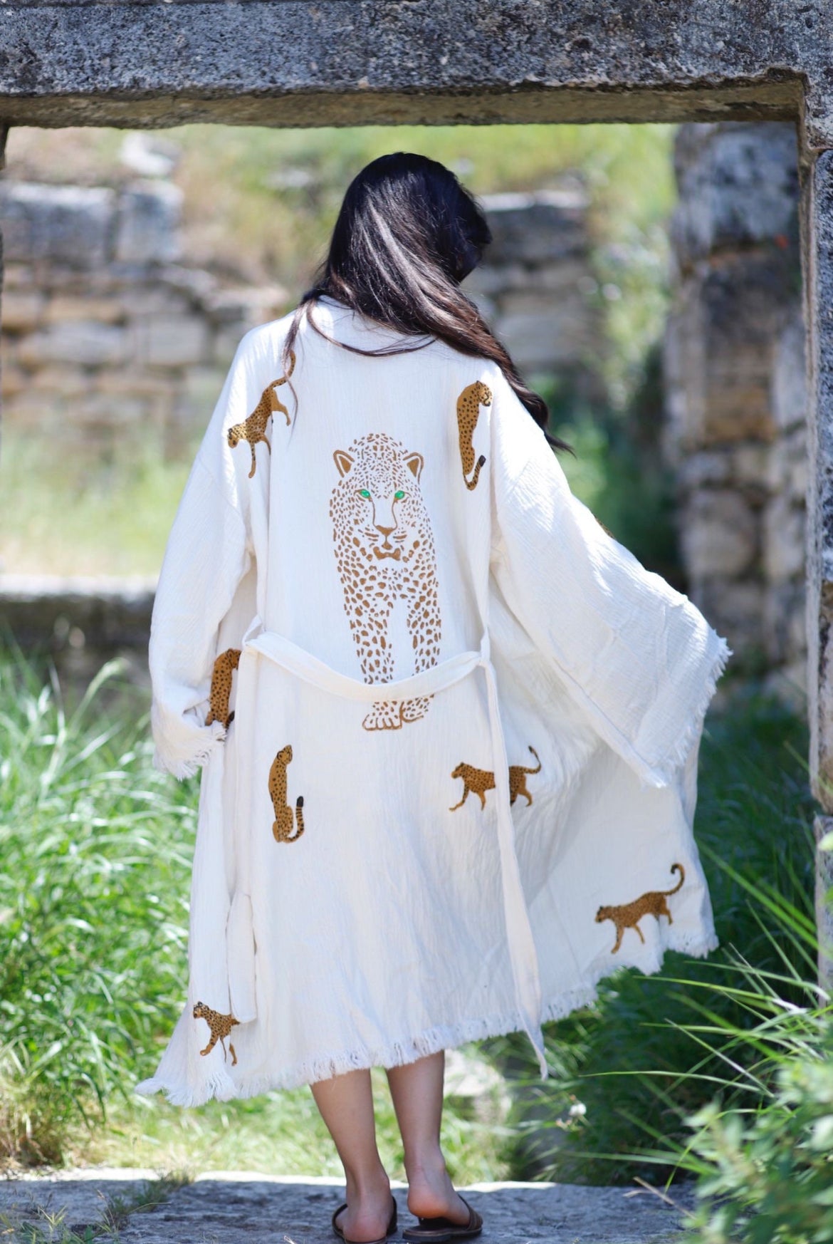 White with Cheetah Kimono Robe: Full length