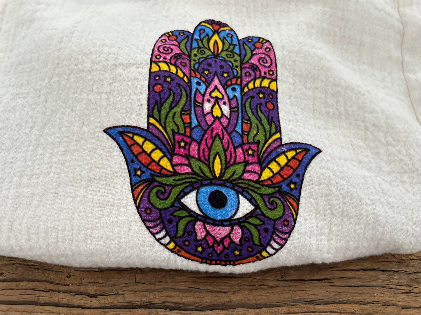 White with Multicoloured Hamsa Hand Kimono Robe: Full Length
