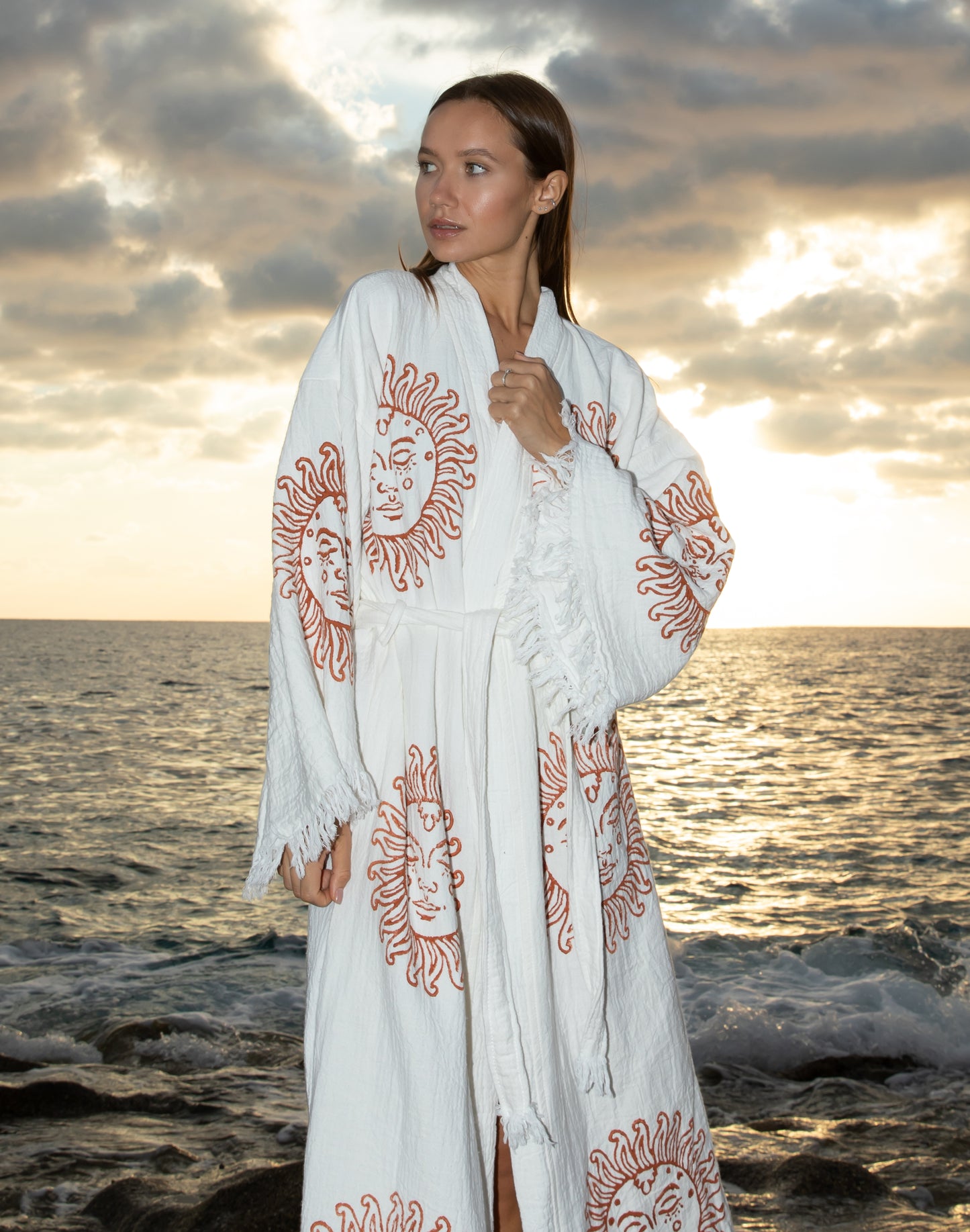 White with Terracotta Sun Kimono Robe: Full Length