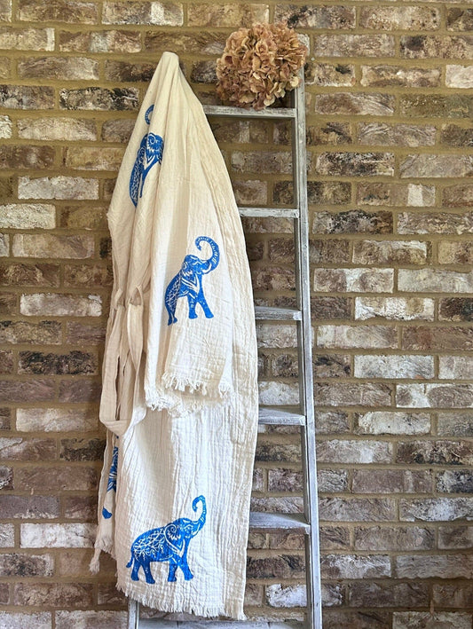 Natural with Blue Elephant Kimono Robe: Full Length