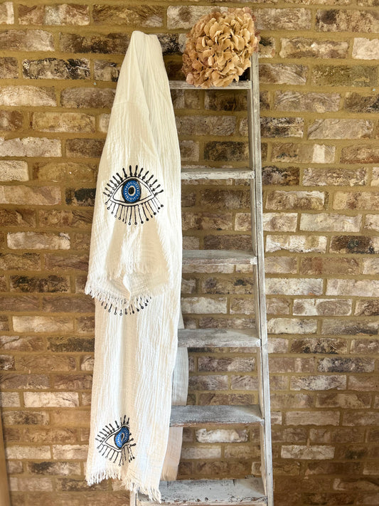 White with Blue Eye Print Kimono Robe: Full Length
