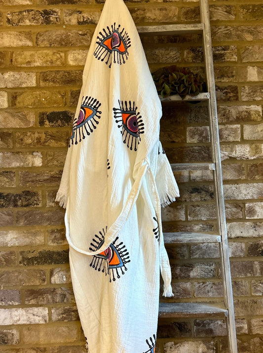 White with Orange Eye Kimono Robe: Full Length
