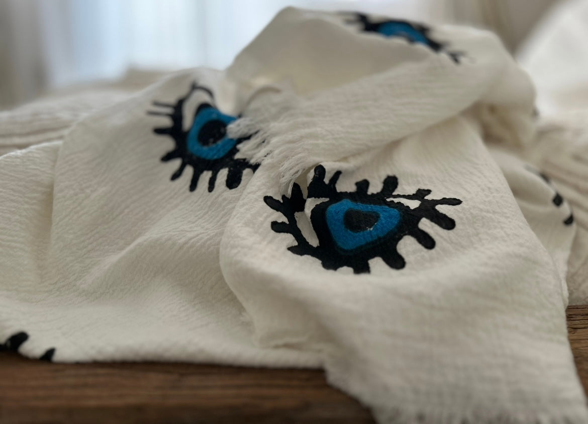 White with Dark Blue & Black Evil Eye Print Kimono Robe