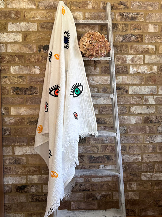 White with Mini Eye Organic Cotton Peshtemal Towel