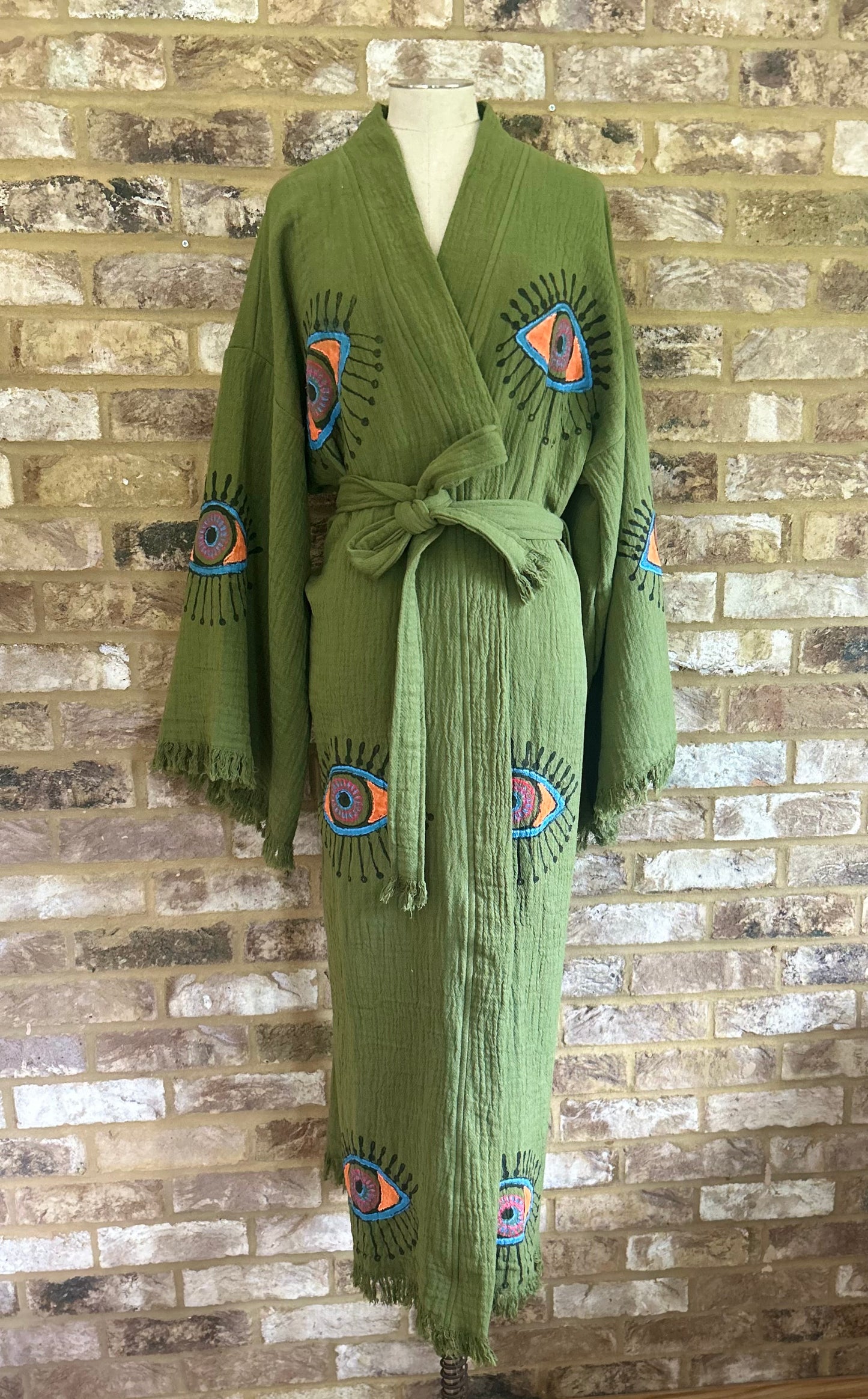 Khaki Green Eye Print Kimono Robe: Full Length