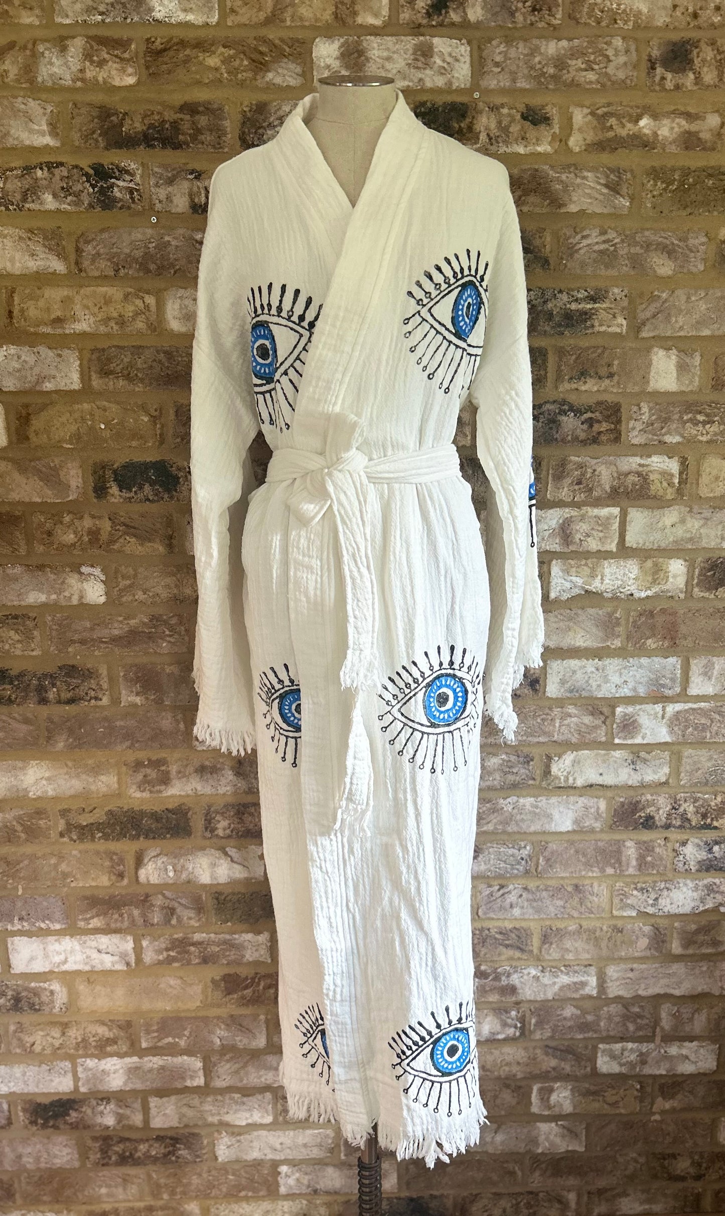 White with Blue Eye Print Kimono Robe: Full Length