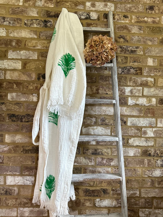 White with Green Feather Kimono Robe: Full Length - Discontinued