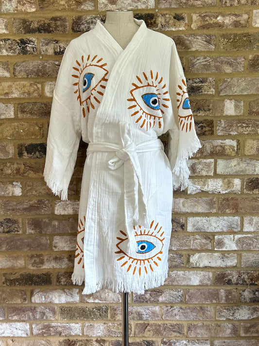 Organic Kimono in White with Orange & Blue Eye: Short