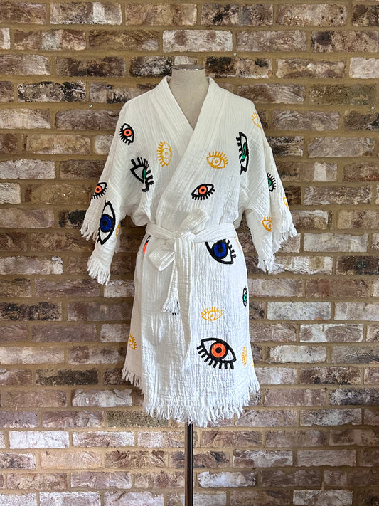 Organic Kimono in White with Mini Eye: Short