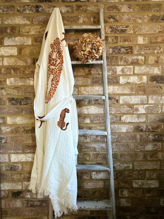 White with Cheetah Kimono Robe: Full length