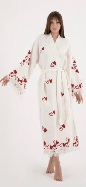 NEW SEASON: White with Hearts Kimono Robe: Full Length