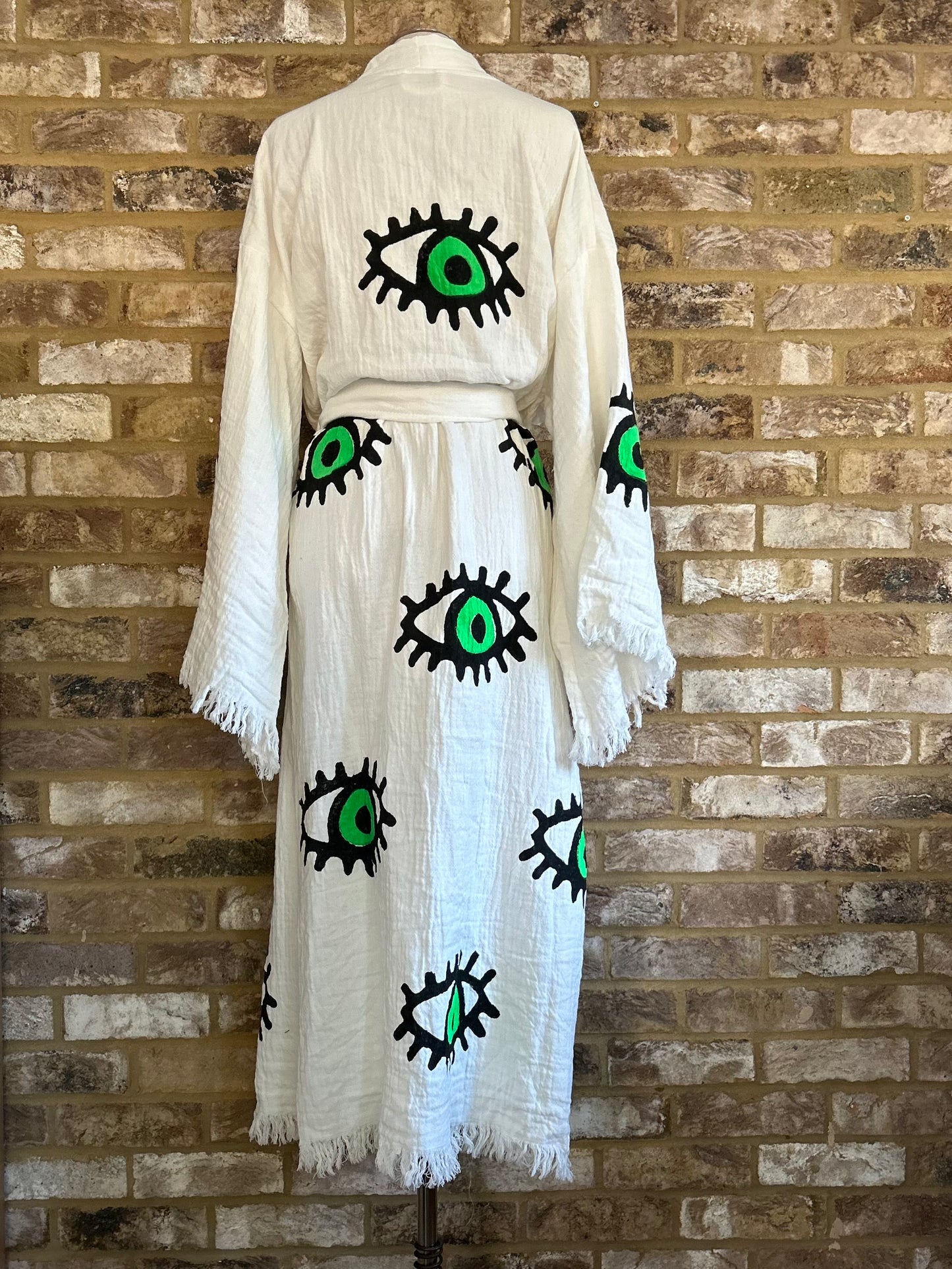 NEW SEASON: White with Green Eye Kimono Robe: Full Length