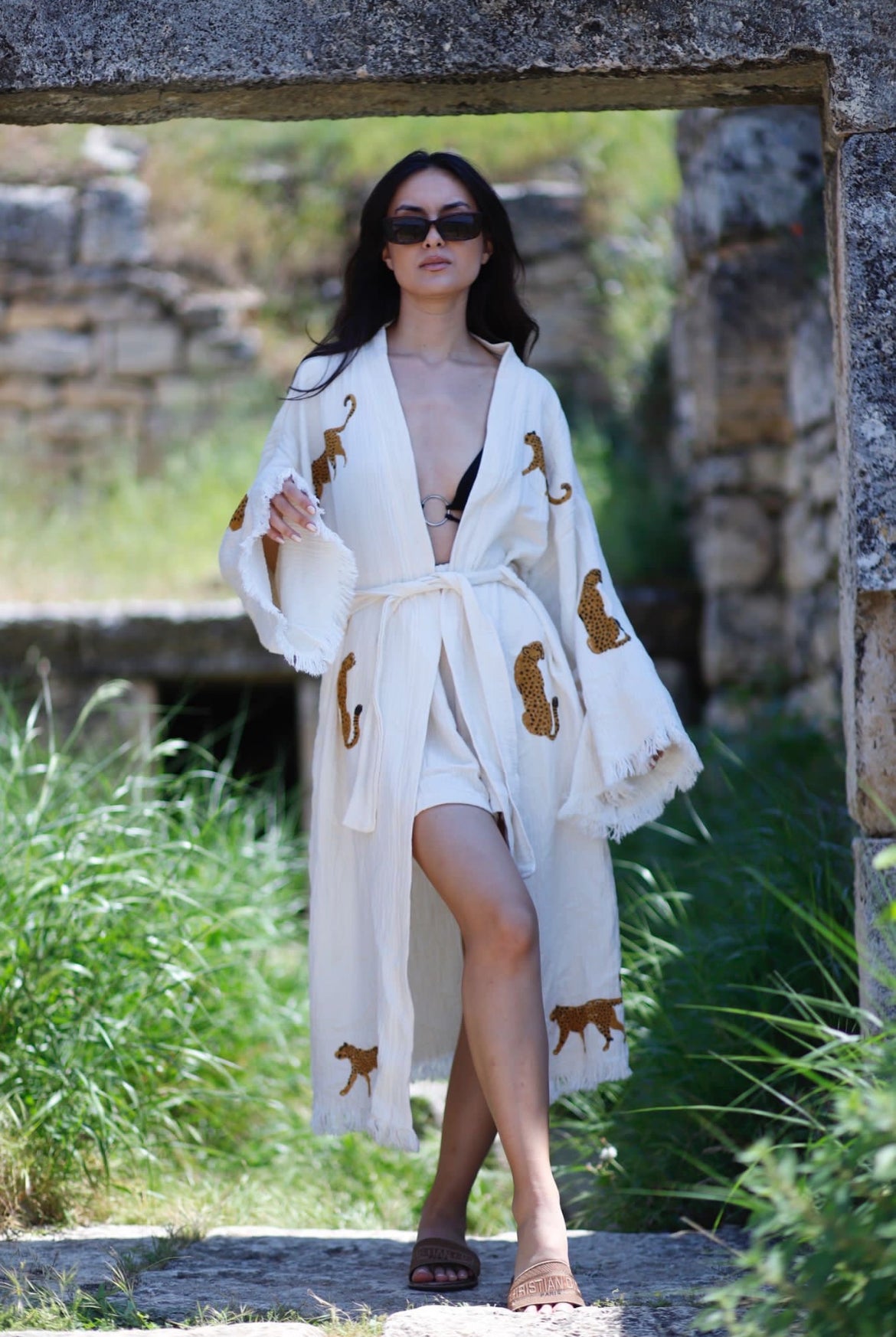 White with Cheetah Kimono Robe: Full length