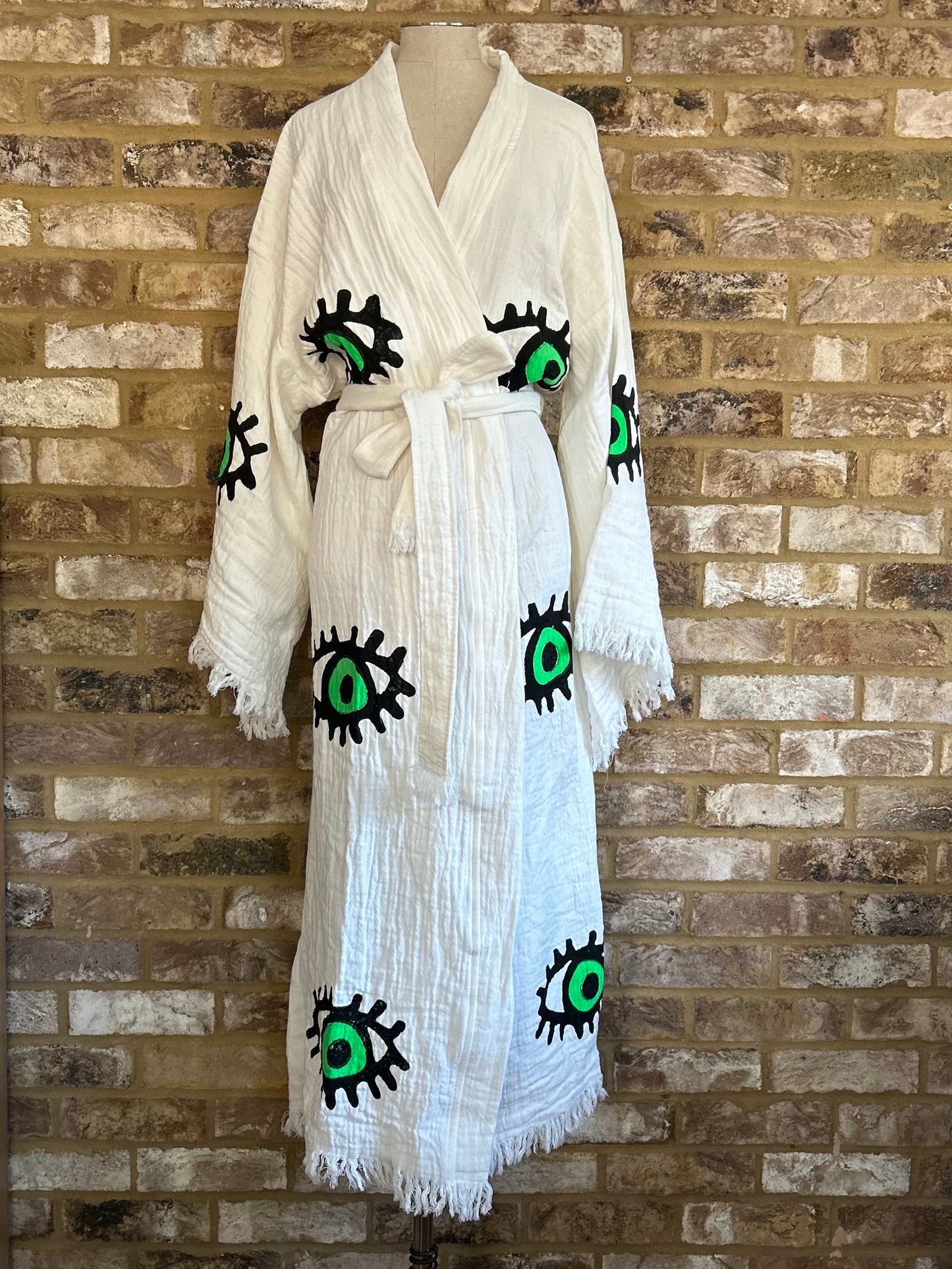 NEW SEASON: White with Green Eye Kimono Robe: Full Length