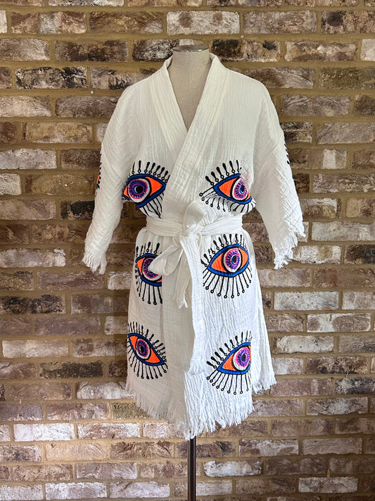 Organic Kimono in White with Orange & Purple Eye: Short