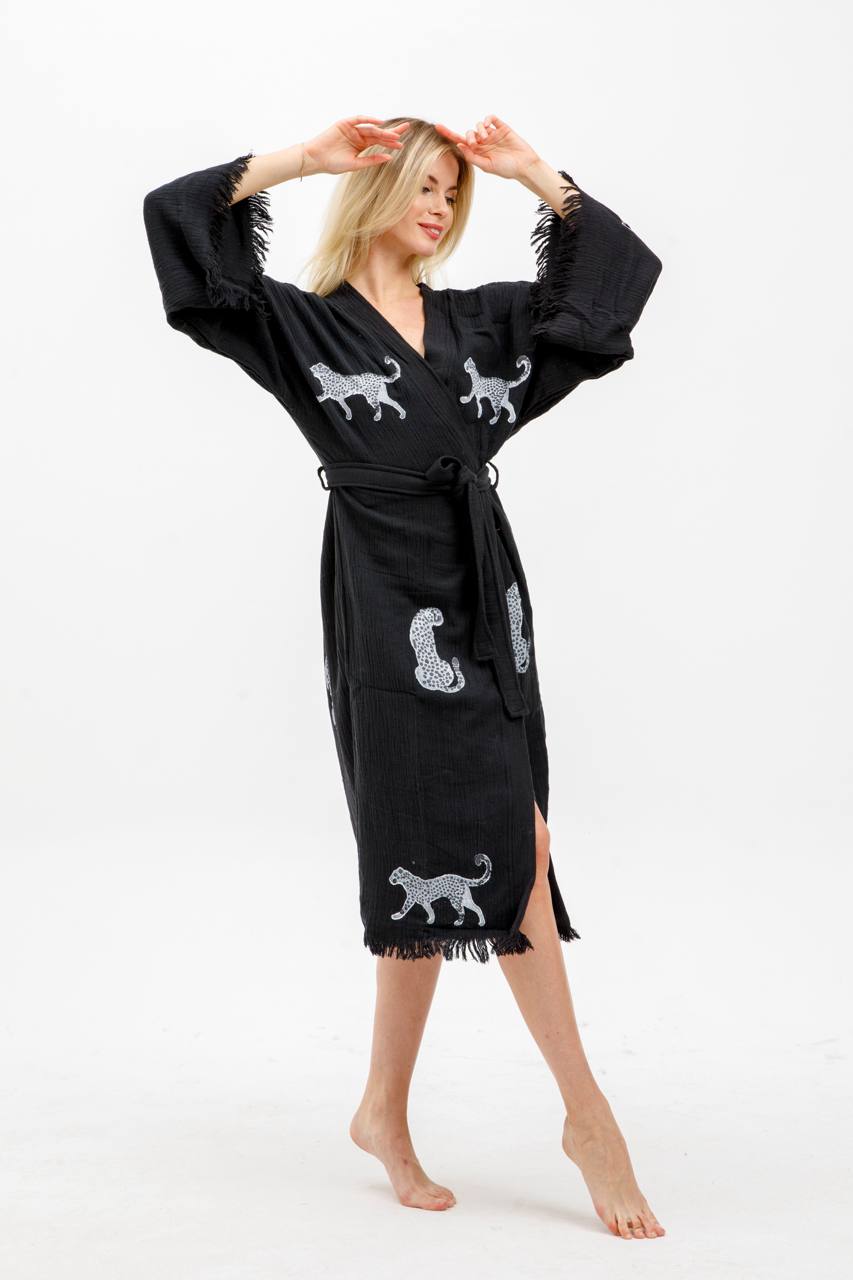 Black with Cheetah Kimono Robe: Full Length