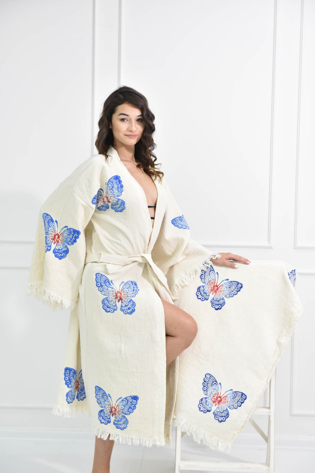 White with Butterfly Kimono Robe: Full Length