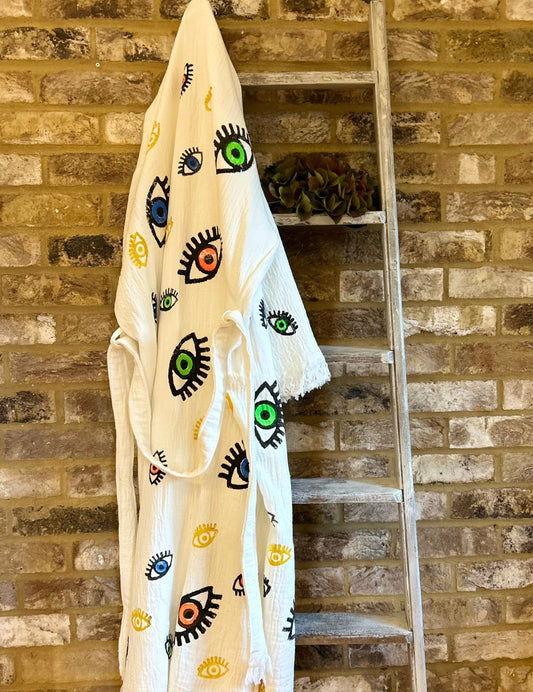 White with Multi Coloured Mini Eye Print Kimono Robe: Full length