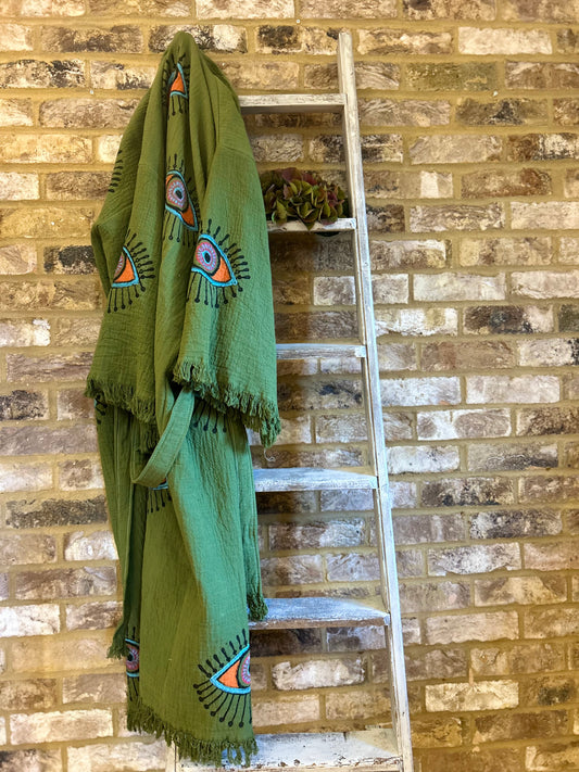 Khaki Green Eye Print Kimono Robe: Full Length