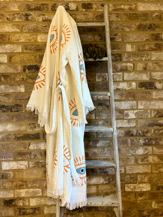 White with Orange & Blue Kimono Robe: Full Length