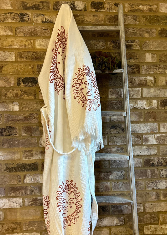 White with Terracotta Sun Kimono Robe: Full Length