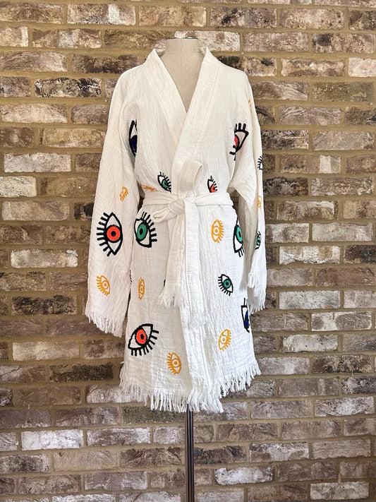 Organic Kimono in White with Multicoloured Mini Eye: Short with Long Sleeve